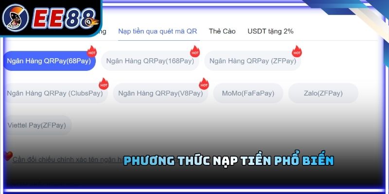 Phương thức nạp tiền phổ biến